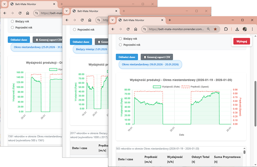 Monitor BELT MATE wyświetla każdą wagę lub podajnik taśmowy lub przenośnik w osobnej zakładce przeglądarki